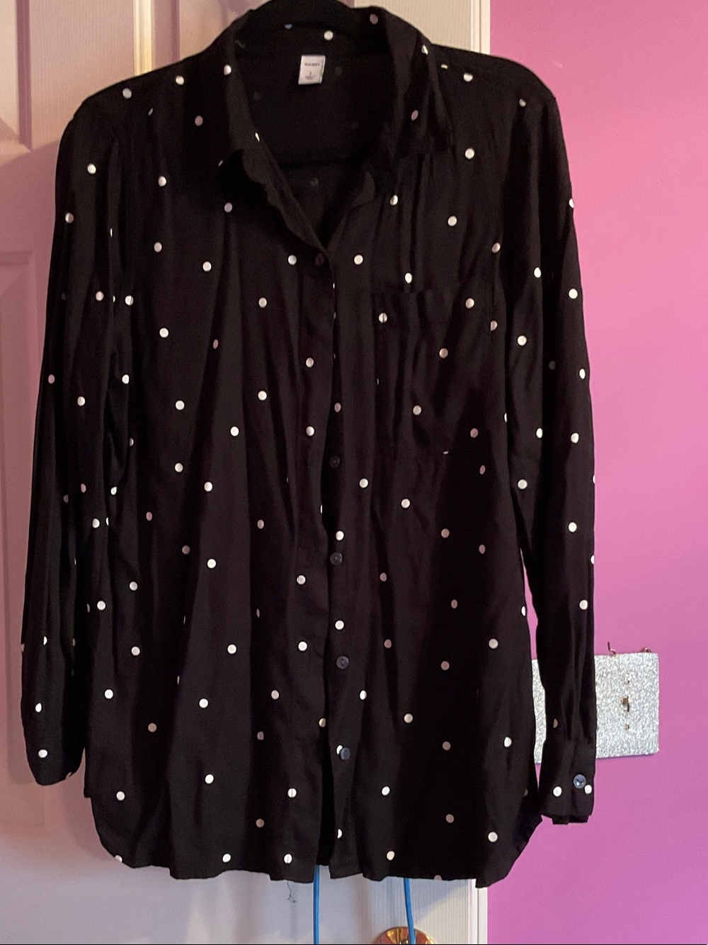 Old Navy Black Button-Down Shirt with White Polka Dots